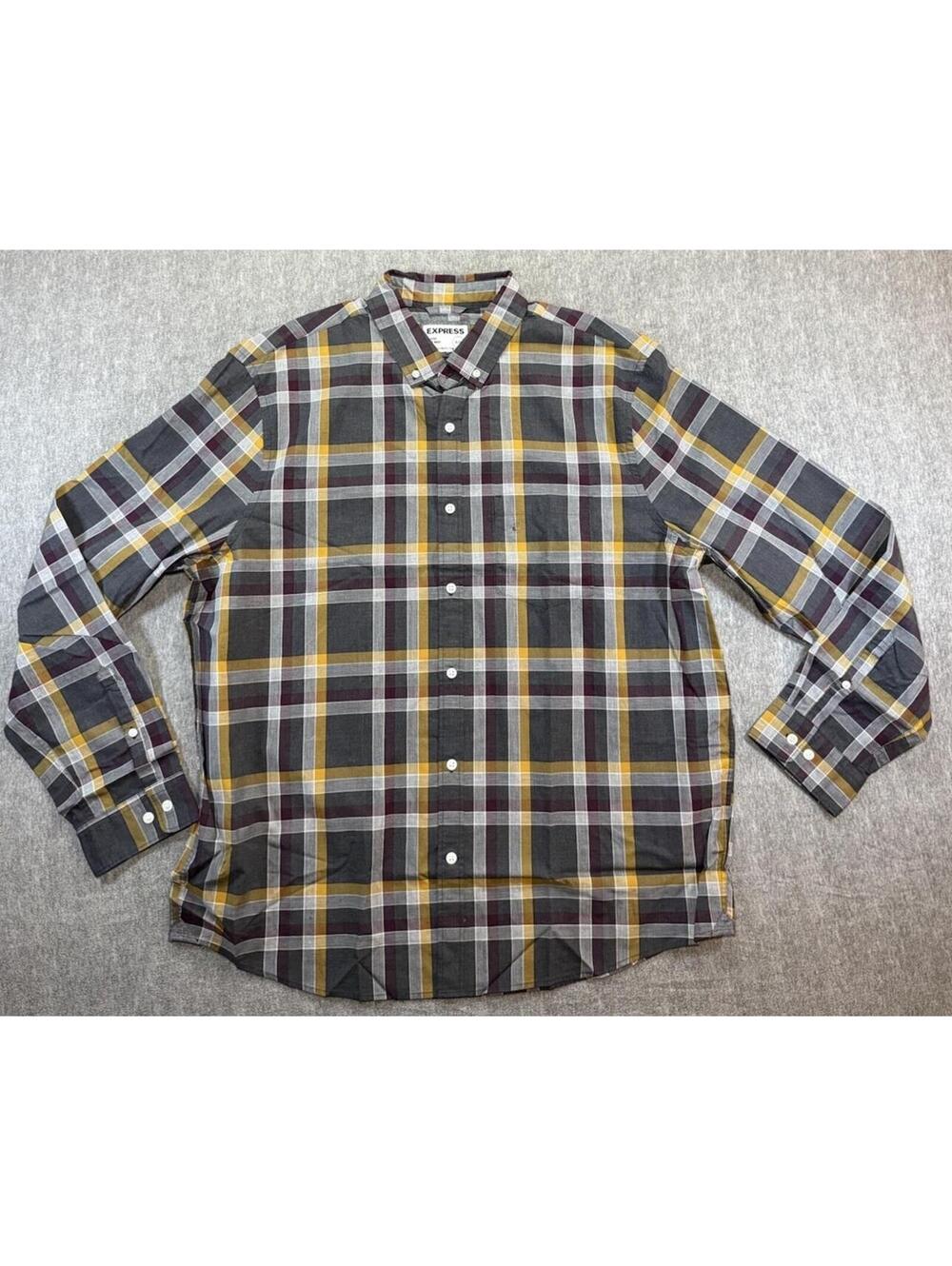NEW Express Men’s Classic Long Sleeve Button Down Shirt-XL/Red Yellow Grey Plaid